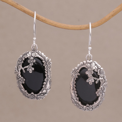 Onyx dangle earrings, 'Dreamy Forest' - Onyx and Sterling Silver Floral Dangle Earrings from Bali