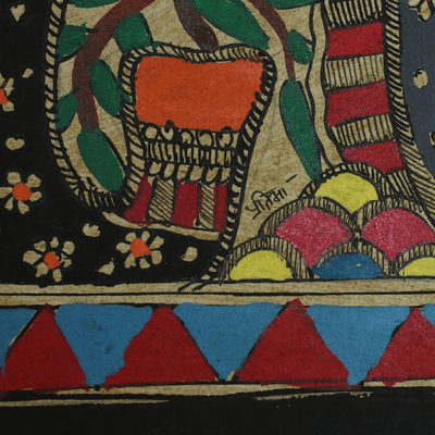 Madhubani painting, 'Happy Elephants' - Madhubani Folk Art Painting of Six Floral Elephants