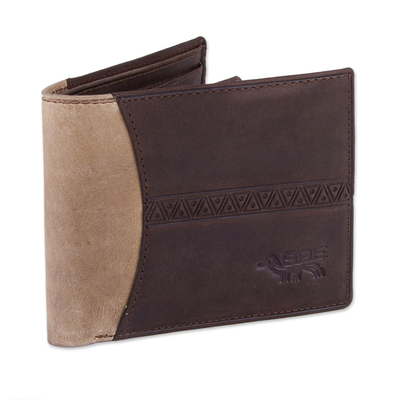 Leather wallet, 'Ancient Bird in Espresso' - Handcrafted Leather Wallet in Espresso and Tan from Peru