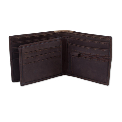 Leather wallet, 'Ancient Bird in Espresso' - Handcrafted Leather Wallet in Espresso and Tan from Peru