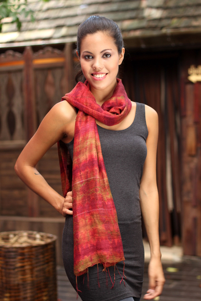 Silk scarf, 'Crimson Wilderness' - Unique Silk Scarf from Thailand