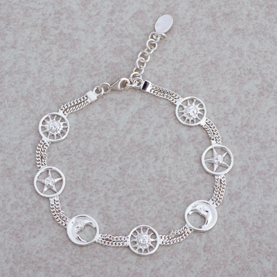 Rhodium plated sterling silver station bracelet, 'Faces in the Sky' - Rhodium Plated Sterling Silver Station Bracelet from Mexico