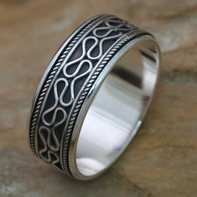 Men's sterling silver meditation spinner ring, 'Rolling Waves' - Sterling Silver Balinese Meditation Spinner Ring for Men