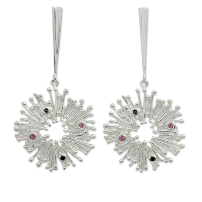 Tourmaline dangle earrings, 'Sea Urchins' - Hand Crafted Sterling Silver Earrings with Tourmalines
