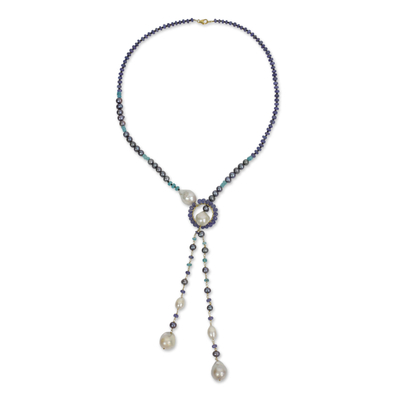 Cultured pearl and multi-gemstone lariat necklace, 'Treasures So Sweet' - Multi Gemstone and Pearl Lariat Necklace from Thailand