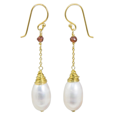 Gold plated cultured pearl dangle earrings, 'White Magnolia' - Thai Cultured Pearl Garnet 18k Gold Plated Dangle Earrings