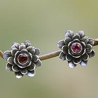 Garnet flower earrings, 'Red-Eyed Lotus' - Floral Sterling Silver Garnet Earrings