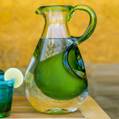 Blown glass pitcher with ice chamber, 'Fresh Lemon' - Hand Made Pitcher with Ice Chamber Blown Glass Art