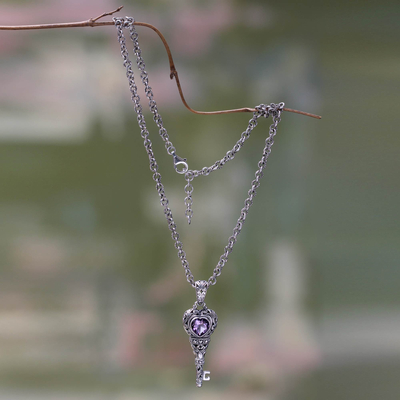 Amethyst pendant necklace, 'Key to Love' - Amethyst Heart Sterling Silver Necklace