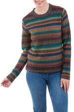 100% alpaca pullover, 'Andean Backgrounds' - Striped Multicolored Alpaca Wool Pullover from Peru