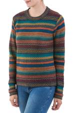 100% alpaca pullover, 'Andean Backgrounds' - Striped Multicolored Alpaca Wool Pullover from Peru