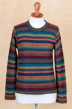 100% alpaca pullover, 'Andean Backgrounds' - Striped Multicolored Alpaca Wool Pullover from Peru