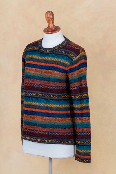 100% alpaca pullover, 'Andean Backgrounds' - Striped Multicolored Alpaca Wool Pullover from Peru
