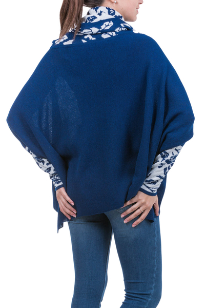 100% alpaca poncho with sleeves, 'Blue Roses' - Blue and White Baby Alpaca Poncho with Rose Motif