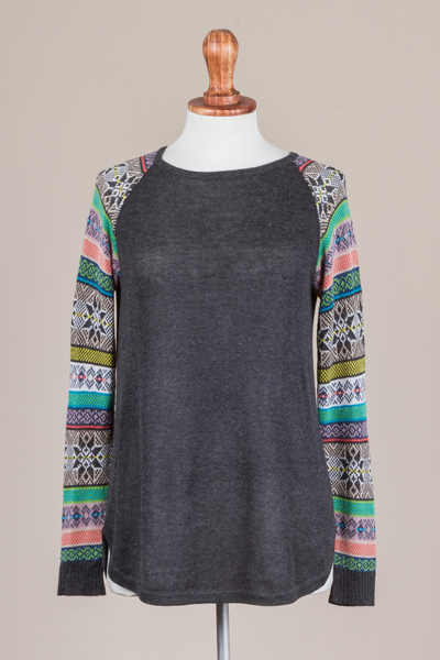 Cotton blend sweater, 'Andean Star in Charcoal' - Dark Grey Long Sweater with Star Pattern Multicolor Sleeves