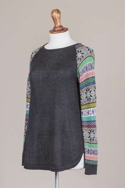 Cotton blend sweater, 'Andean Star in Charcoal' - Dark Grey Long Sweater with Star Pattern Multicolor Sleeves