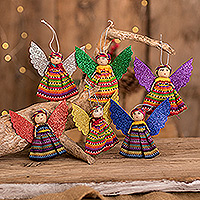 Cotton ornaments, 'Quitapenas Angels' (set of 6)