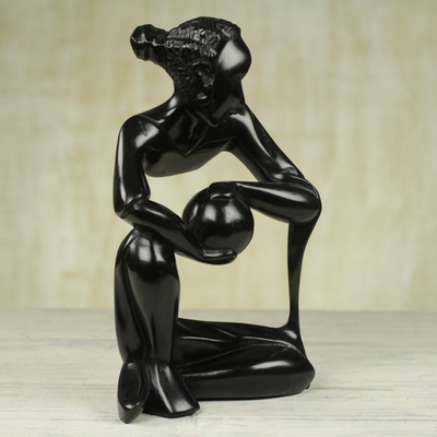 Wood sculpture, 'Destiny Pot' - Hand Carved Black Abstract Sculpture from Ghana