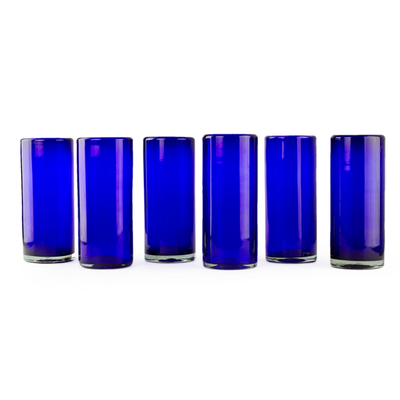 Blown glass highball glasses, 'Pure Cobalt' (set of 6) - Blue Handblown Glass Cocktail Drinkware (Set of 6)