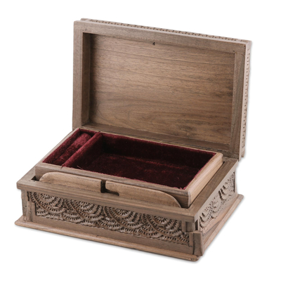 Wood jewelry box, 'Kashmir Opulence' - Floral Pattern Walnut Wood Jewelry Box from India