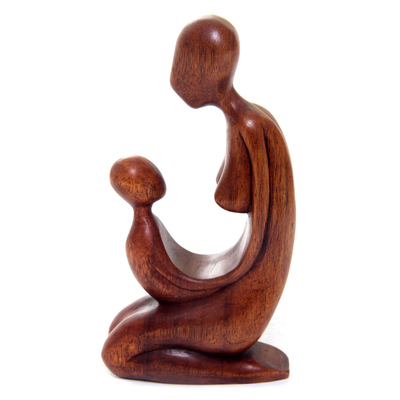 Wood sculpture, 'Mother and Her Child' - Hand Carved Suar Wood Mother and Child Sculpture from Bali