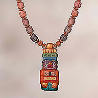 Ceramic pendant necklace, 'Andes Mountain Deity' - Sterling Silver and Ceramic Beaded Incan Pendant Necklace