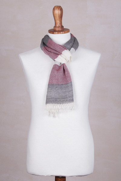 100% baby alpaca scarf, 'Andean Poise' - Baby Alpaca Fringed Scarf in Wine Black and Ivory from Peru