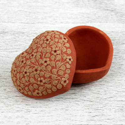 Ceramic decorative box, 'Flowers of Home' (4 inch) - Handcrafted Ceramic Floral Heart Decorative Box from Mexico