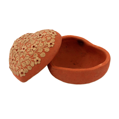 Caja decorativa de cerámica (4 pulgadas) - Caja decorativa de corazón floral de cerámica hecha a mano de México