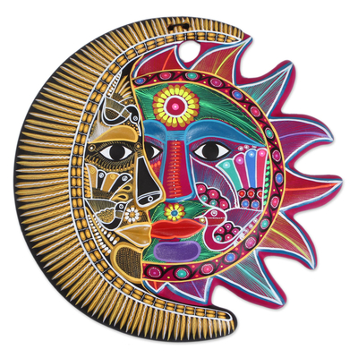 Ceramic wall art, 'Fantastic Eclipse' - Hand-Painted Ceramic Sun and Moon Wall Art from Mexico