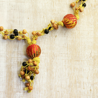 Wood beaded Y necklace, 'Hand-Knotted Glamour' - Yellow and Orange Hand-Knotted Haldu Wood Beaded Necklace