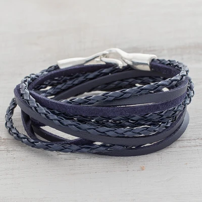Faux leather wrap bracelet, 'Elegant Style in Blue' - Blue Braided Faux Leather Wrap Bracelet from Guatemala