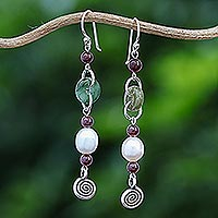 Jade and garnet drop earrings, 'Clouds of Pearl' - Handcrafted Jade and Pearl Dangle Earrings