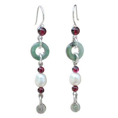 Jade and garnet drop earrings, 'Clouds of Pearl' - Handcrafted Jade and Pearl Dangle Earrings