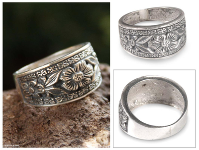 Silver flower ring, 'Sunflowers' - Band Ring .950 Silver Handcrafted Flower Ring