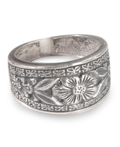 Silver flower ring, 'Sunflowers' - Band Ring .950 Silver Handcrafted Flower Ring