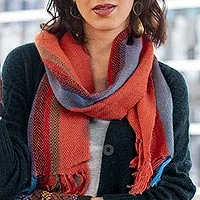 100% alpaca scarf, 'Sky Flame' - Scarlet and Multi-Color Stripe Handwoven 100% Alpaca Scarf