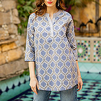 Cotton tunic, 'Royal Ash Grey' - Printed Cotton Tunic in Ash Grey from India