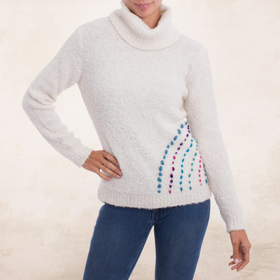 Alpaca blend turtleneck sweater, 'Weekend Adventure in Eggshell' - White Alpaca Blend Turtleneck Sweater from Peru