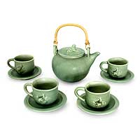 Ceramic tea set, 'Rainforest Cheer' - Ceramic tea set