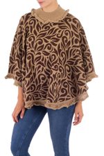 Alpaca blend poncho, 'Tan Foliage' - Tan and Brown Turtleneck Alpaca Blend Poncho with Lace