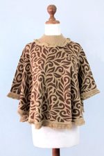 Alpaca blend poncho, 'Tan Foliage' - Tan and Brown Turtleneck Alpaca Blend Poncho with Lace