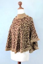 Alpaca blend poncho, 'Tan Foliage' - Tan and Brown Turtleneck Alpaca Blend Poncho with Lace