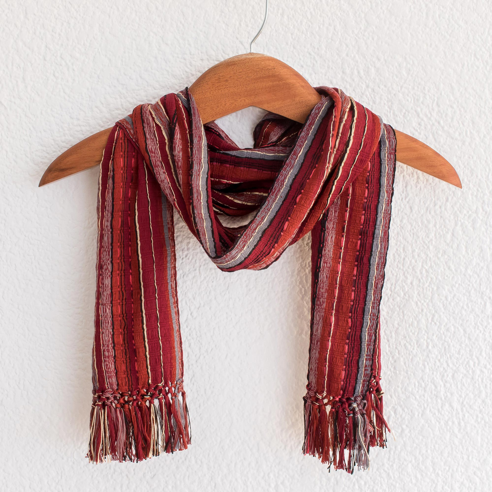 Cotton scarf - Crimson Mystique | NOVICA