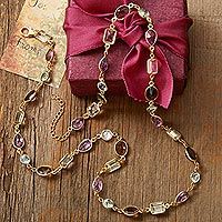 Gold Plated Gemstone Necklace with Prasiolite and Amethyst,'Golden Age'