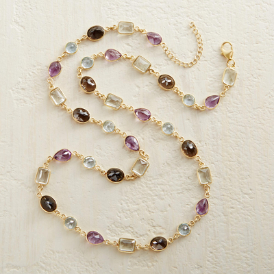 Gold plated multi-gemstone link necklace, 'Golden Age' - Gold Plated Gemstone Necklace with Prasiolite and Amethyst