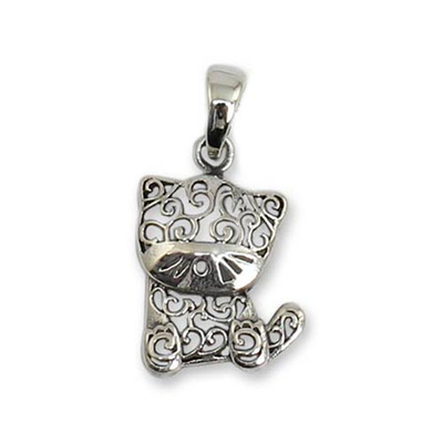 Sterling silver pendant, 'Filigree Kitten' - Thai Filigree Sterling Silver Kitten Pendant