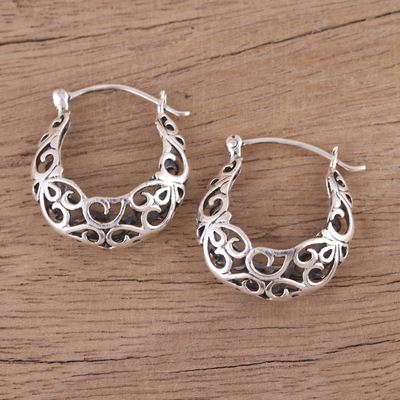 Sterling silver hoop earrings, 'Jali Grace' - Handmade Sterling Silver Hoop Earrings with Jali Motif