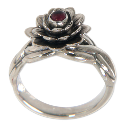 Garnet cocktail ring, 'Red-Eyed Lotus' - Handcrafted Floral Sterling Silver and Garnet Ring