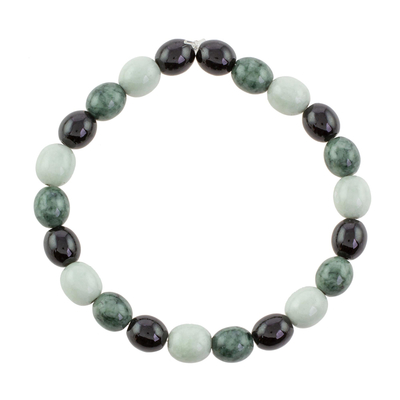 Jade beaded stretch bracelet, 'Light and Shade' - Black Green and Pale Natural Jade Beaded Stretch Bracelet